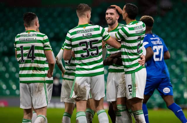Celtic's Shane Duffy celebrates after scoring to make it 2-0 during a Scottish Premiership match against Kilmarnock at Celtic Park (Photo by Craig Foy / SNS Group)