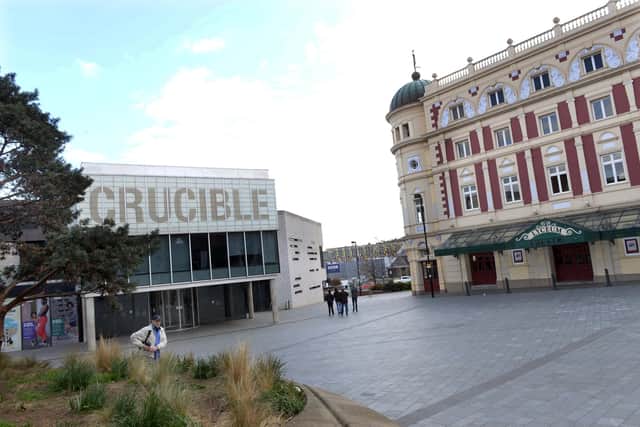 Modern day Tudor Square with the Crucible and Lyceum theatres pictured in the background.