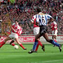 John Harkes fires the ball home to give Sheffield Wednesday an eighth-minute lead against Arsenal in the 1993 League Cup final. Photo: PA.