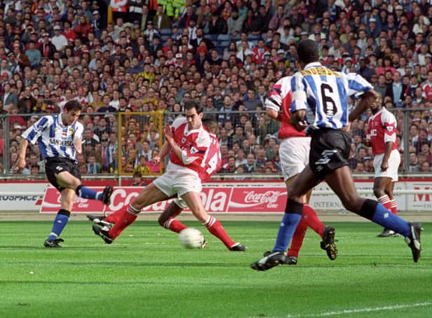 John Harkes fires the ball home to give Sheffield Wednesday an eighth-minute lead against Arsenal in the 1993 League Cup final. Photo: PA.