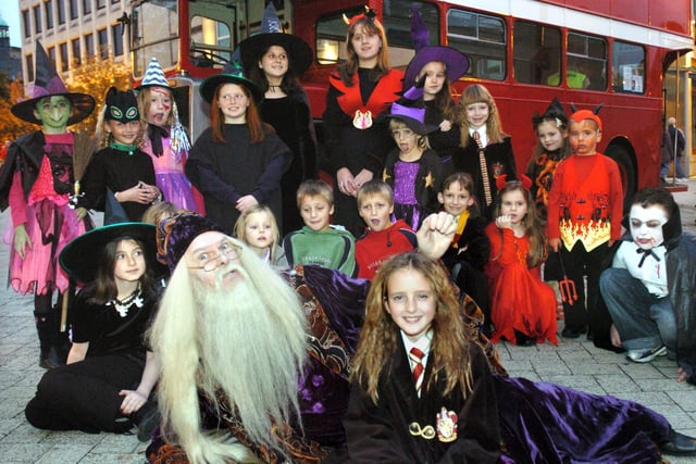 Star Comp winner Hannah Jenkins, and her pals dressed up for Fright Night pictured with 'Dumbledore' in 2004