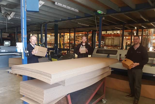 From left: Chris and David Holdsworth and Justin Harding in the factory at Holdsworth Packaging.