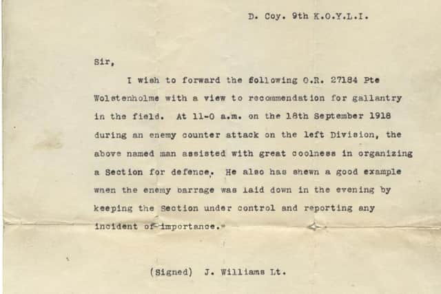 The letter commending Pte Wolstenholme for his bravery during World War One.