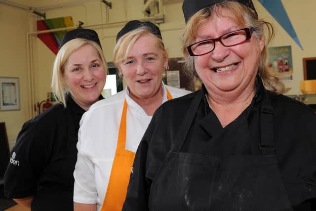 Barbara Renshaw is retiring as a pastry chef at Tapton School after 40 years with kitchen manager Mary Martin-Hewitt (c) and cook Sam Jones. Picture: Andrew Roe