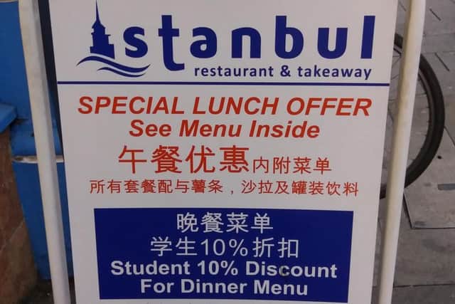 Instanbul Restaurant, West Street, advertises student discount in Chinese and English, picture by Jacob Lotinga