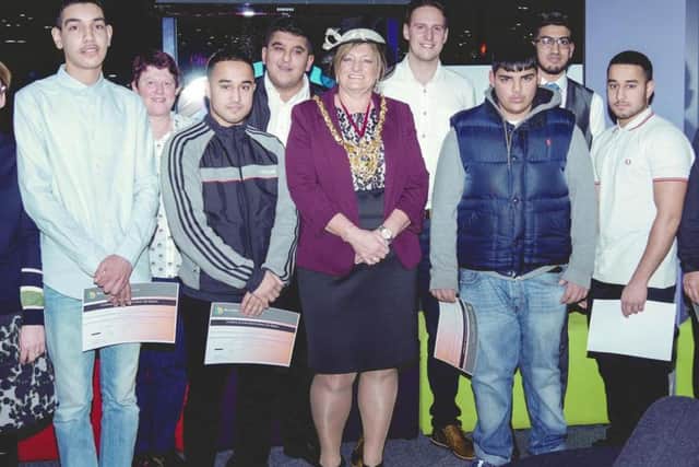 Sheffield's lord mayor, Councillor Denise Fox, with participants in the Get On Track project and, far left, Sheffield Futures CEO Gail Gibbons and, fifth from right, former Olympic swimmer James Kirton