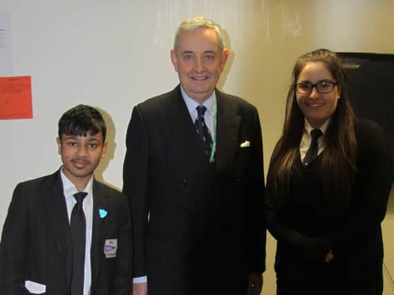 The Lord Lieutenant of South Yorkshire, Andrew Coombe, with head boy, Arsalan Siddiqi and the head girl, Aaliyah Akhtar