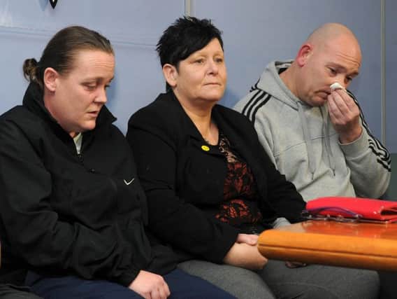 Valerie Buchanan (centre), Philip Gravel and Claire Gravel, sister, son and daughter of Sue Gravel, who was killed in a hit an run incident in Stainforth, speaking to the media today. Picture: Andrew Roe