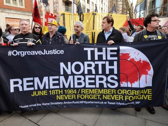 Protesters outside the Home Office, London, calling for an inquiry into the 'Battle of Orgreave' during the 1980s miners' strike. PRESS ASSOCIATION Photo. Picture date: Monday March 13, 2017. Photo credit: John Stillwell/PA Wire