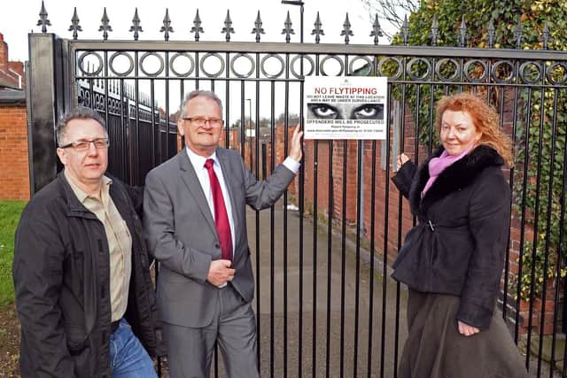Town ward Councillors Dave Shaw, John McHale and Sue Knowles, pictured by the alleyway between Beechfield Road and Apley Road, in Hyde Park, which has recently been fitted with gates. Picture: Marie Caley