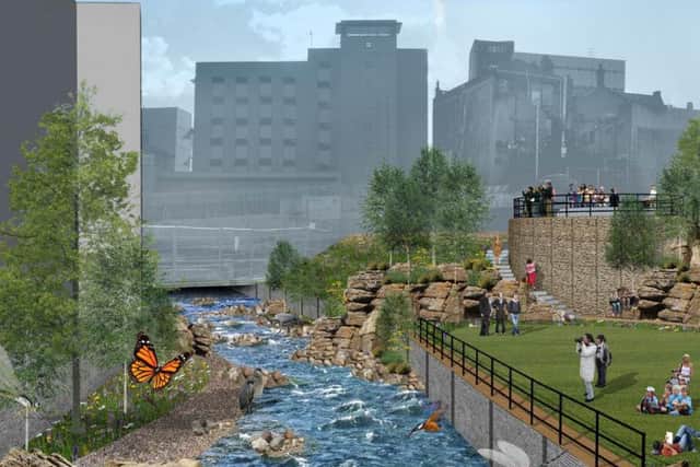How Sheaf Fields, a new park next to the old Castle Market could look. The River Sheaf could be uncovered under new council plans.