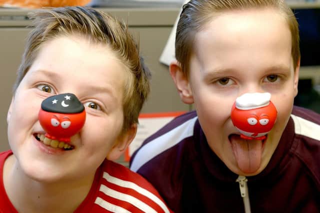 Zach Purdon and Jake Townsend get in the spirit for Red Nose Day at Lydgate Junior School
