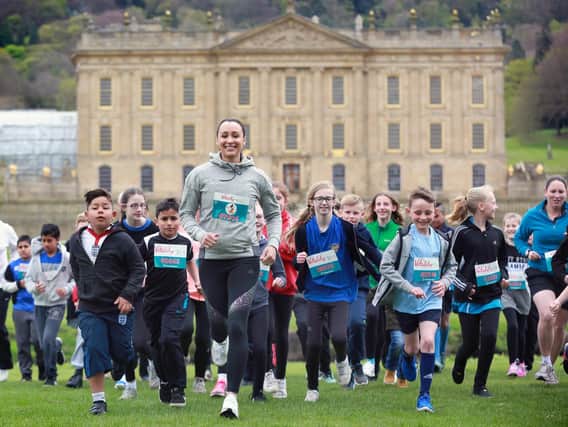 Dame Jessica Ennis-Hill and pupils from several schools from Sheffield and Derbyshire on the launch of the new run