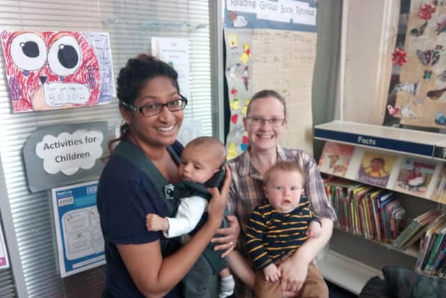 Maneka Whitaker (left) and Abi Pinnock, with their children Alex, aged 10 weeks, and Matthew, aged seven months