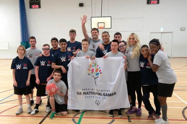 WWE superstars Charlotte Flair, Jason Jordan and Chad Gable join special youngsters for a Play Unified basketball game at All Saints Sports Centre.