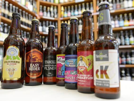 Some of the many beers brewed in Sheffield, on sale at Beer Central in the Moor Market.