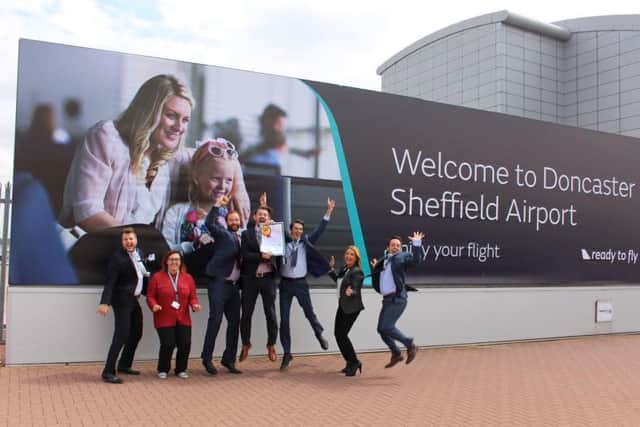 We have lift off! DSA team jump for joy - left to right -Craig Hewitt, Digital & Brand Marketing Executive, Amira El-Khrouf, Cargo Development Executive, John Huddleston, Communications and Corporate Affairs Manager, Chris Harcombe, Head of Aviation Development, Tom Henshaw, Aviation Development Executive, Liza Goucher, Sales and Marketing Account Manager, Rick OToole, Corporate and Trade Partnership Executive.