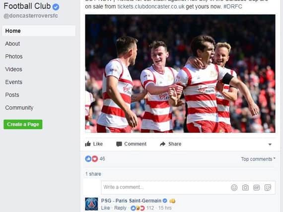 The PSG post on the Doncaster Rovers' Facebook page. (Photo: Facebook).