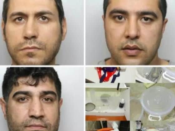 Top left, Nehdi Tajabidi, top right, Mohammed Chernarli, bottom right, Mehdi Esmacpoor, and some of the meth lab equipment found.