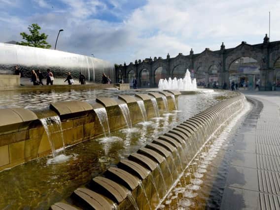 The Cutting Edge water feature and fountains outside Sheffield railway station