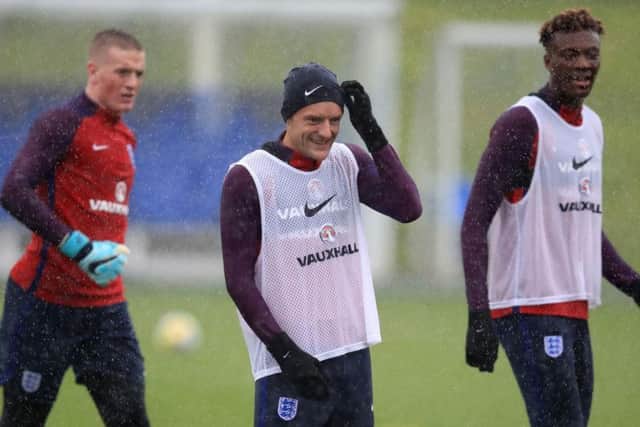 Jamie Vardy has a laugh in training ahead of England's double-header with Germany and Brazil. PA Sport
