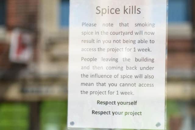 A warning about the dangers of the drug spice, posted to a window in Sheffield
