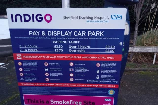 Parking charges sign at Weston Park Hospital.