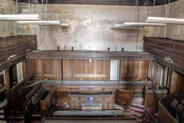 Damage to the courtroom within Sheffield's Old Town Hall