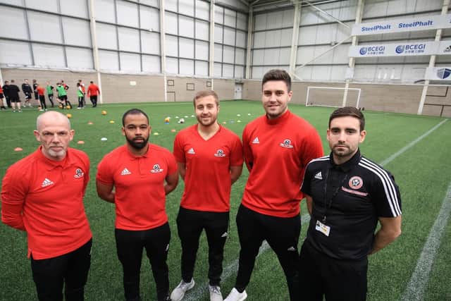Feature on Sheffield United Community Foundation. Pictured are Mark Todd and Chris Bailey with Reece Littlejohn, Joe Lancashire, and Chris Marshall. Picture: Chris Etchells/The Star