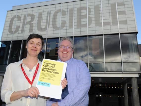 Sophie Hunter and Stephen Betts outside the Crucible, where the Sheffield Cultural Education Partnership was launched
