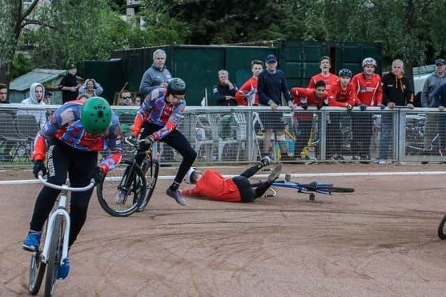 Action on the cycle speedway track at Cookson Park (photo: clivewrenphotography)