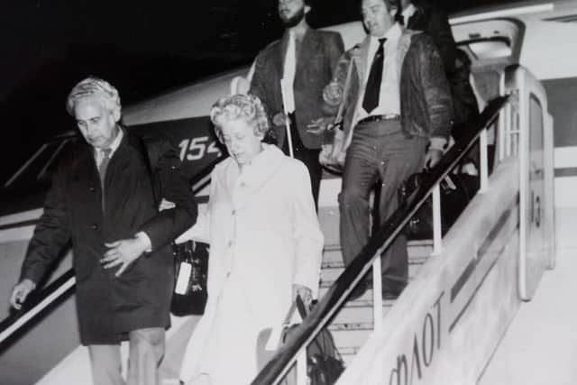 Lord and lady mayor of Sheffield Gordon and Janet Wragg, front, with a younger David Blunkett and Bob Pullin behind them land in Donetsk.