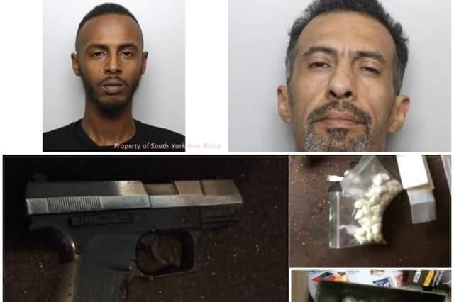 Adnan Jama (l) and Moulay Belkadi (r) along with the recovered imitation firearm and drugs
