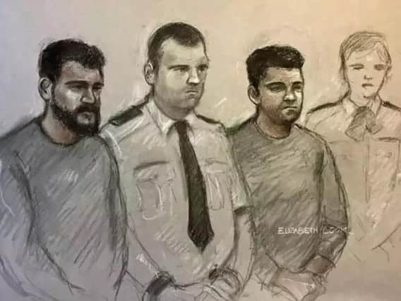 Court artist sketch by Elizabeth Cook of Farhad Salah (left) and Andy Star who are accused of preparing a home-made bomb for a terrorist attack in the UK. Fish and chip shop owner Star, 32, and Salah, 23, were arrested when counter-terrorism police officers raided their homes in South Yorkshire and Derbyshire on December 19 last year. Sketch was made during their first court appearance at Westminster Magistrates' Court.