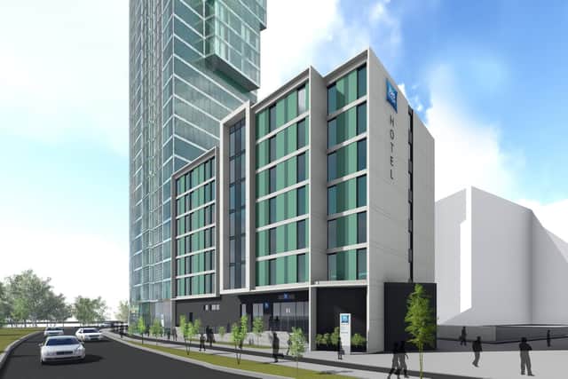 An artist's impression of the new Ibis Hotel next to Velocity Tower at St Mary's Gate in Sheffield. Picture: Whittam Cox