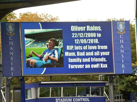 A tribute was displayed on the scoreboard to young Wednesday fan Oliver Rains. Pictures: Steve Ellis