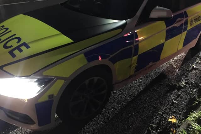 Damage to the police car after it was rammed during a chase through Sheffield (pic: South Yorkshire Police)