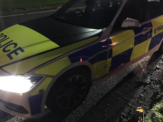 Damage to the police car after it was rammed during a chase through Sheffield (pic: South Yorkshire Police)