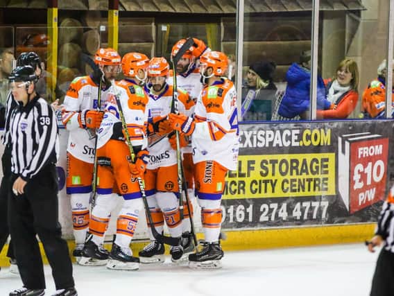 Sheffield Steelers celebrate in Saturday's win at Manchester. Pic Dean Rose
