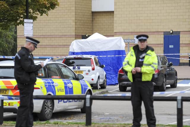Police at the scene of a stabbing at Centertainmement in Sheffield