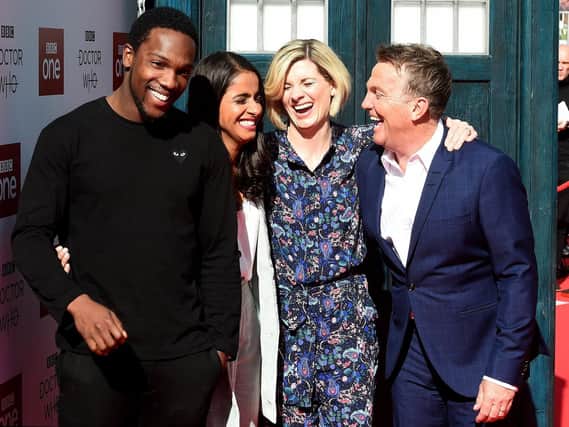 (l-r) Tosin Cole, who plays Ryan, Mandip Gill, who plays Yaz, Jodie Whitaker, who plays The Doctor and Bradley Walsh, who plays Graham, at the Doctor Who premiere screening at the Light, The Moor.