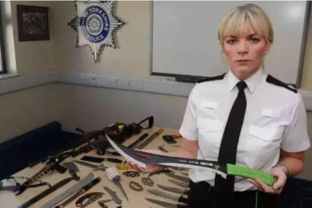 Una Jennings with some knives handed in during a weapon surrender scheme in South Yorkshire