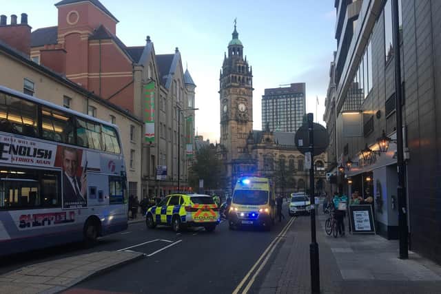 The scene of a serious accident in Sheffield city centre in which a man was reportedly 'hit by a bus'.