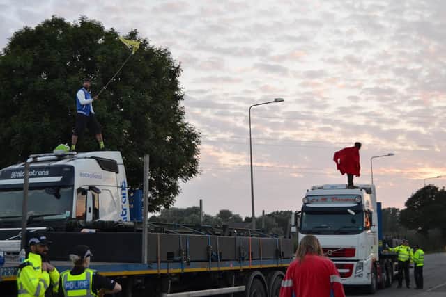Blevins and other protesters climbed on top of lorries delivering drilling equipment for fracking in Blackpool. Picture: Anna Vickerstaff