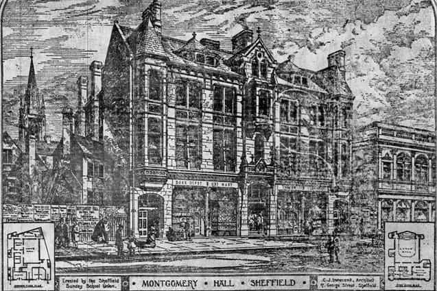 A drawing of the Montgomery Hall, printed in the Sheffield and Rotherham Independent in 1884.