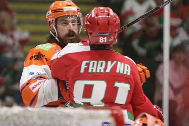 Ryan Martinelli in a confrontation at Cardiff Devils on Saturday