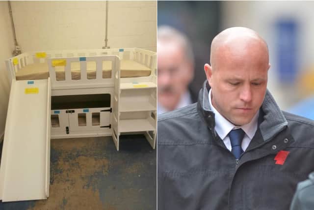 The bed seven-month-old Oscar Abbey was in when he got his head stuck in the holes and choked to death and Craig Williams.