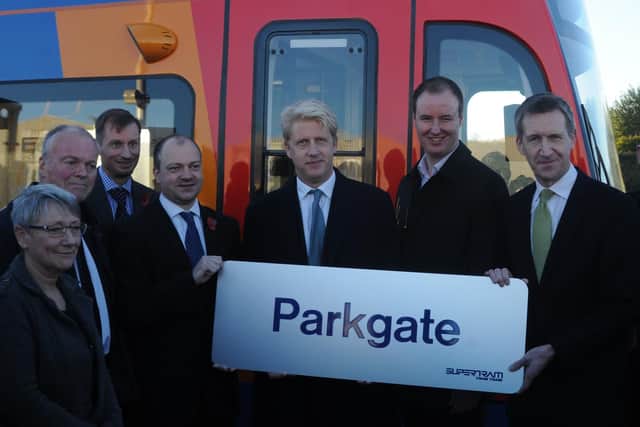 The opening of the Parkgate tram-train stop. Rail minister Jo Johnson is pictured third from the right. Picture: Sam Cooper / The Star