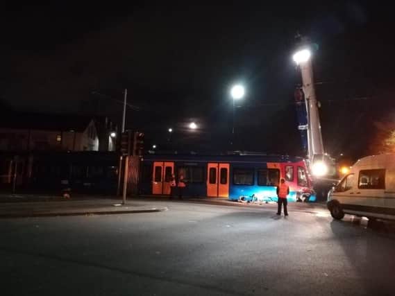 The tram-train is now being recovered after it collided with a lorry earlier today (Picture: @SheffieldEyes)
