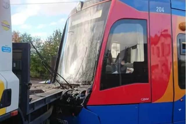 A lorry and tram train crashed in Sheffield yesterday